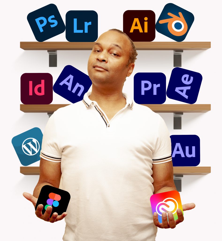 Jo HEERAH qui tient les différents logo des logiciels Adobe Creative Cloud